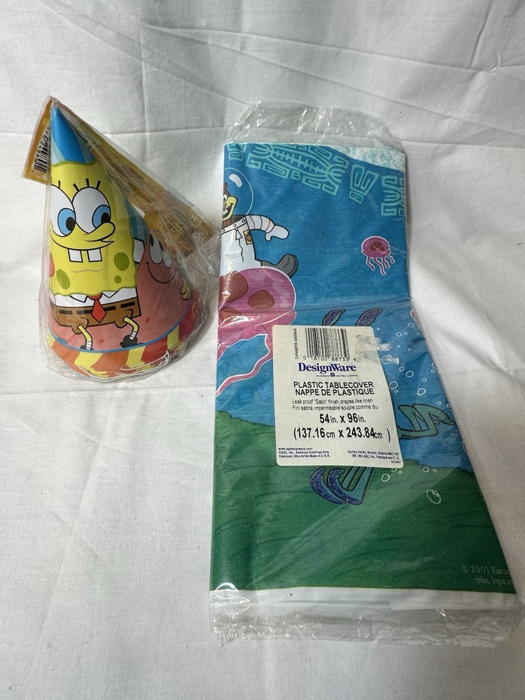 ‘04 Vintage Viacom SpongeBob Birthday Party Supplies Hats 8 Ct; Tablecloth NOS