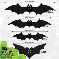 100pc 3D Halloween Bat Wall Decor Glow in Dark Fangs Indoor Outdoor Party