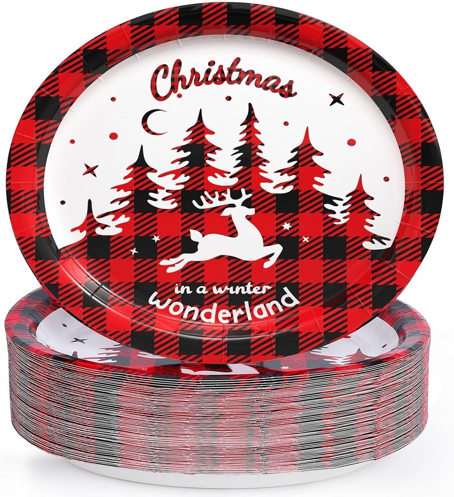 50 Piece Oval Winter Wonderland Christmas Dinner Disposable Paper Plate Platters