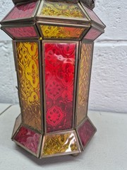 Ramadan Lantern Brass Finish Stained Glass Red Yellow 13″ Moroccan Hanging Lamp