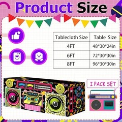 4FT 80s 90s Theme Party Tablecloth, 80s 90s 48″ x 24″ (Rectangular) Black-radio