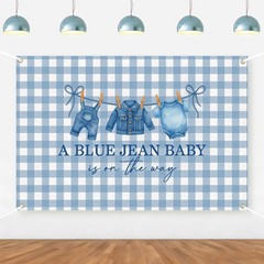 Blue Jean Baby Shower Decorations – Denim Backdrop & Gingham Banner, 5x3ft
