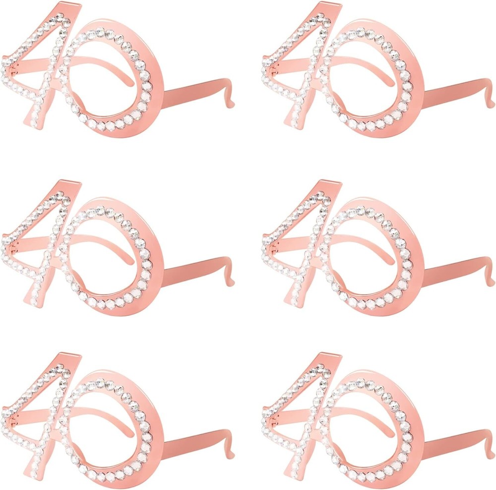40th Birthday Glasses – 6 Pairs Rose Gold 40 Years Old Glasses with Rhineston