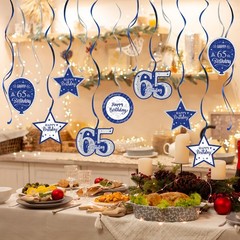 15 Pcs Happy 65th Birthday Blue Silver Glitter Swirls Streamers Decorations