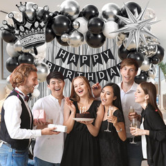 Black Birthday Decorations for Men with White Black and Silver Balloons Banner M