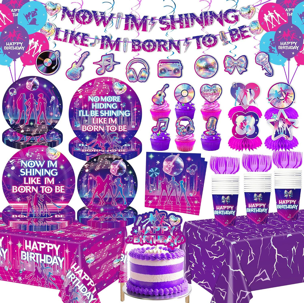 140PCS Singer Birthday Party Decorations Purple Retro Style Including Banner, Ta