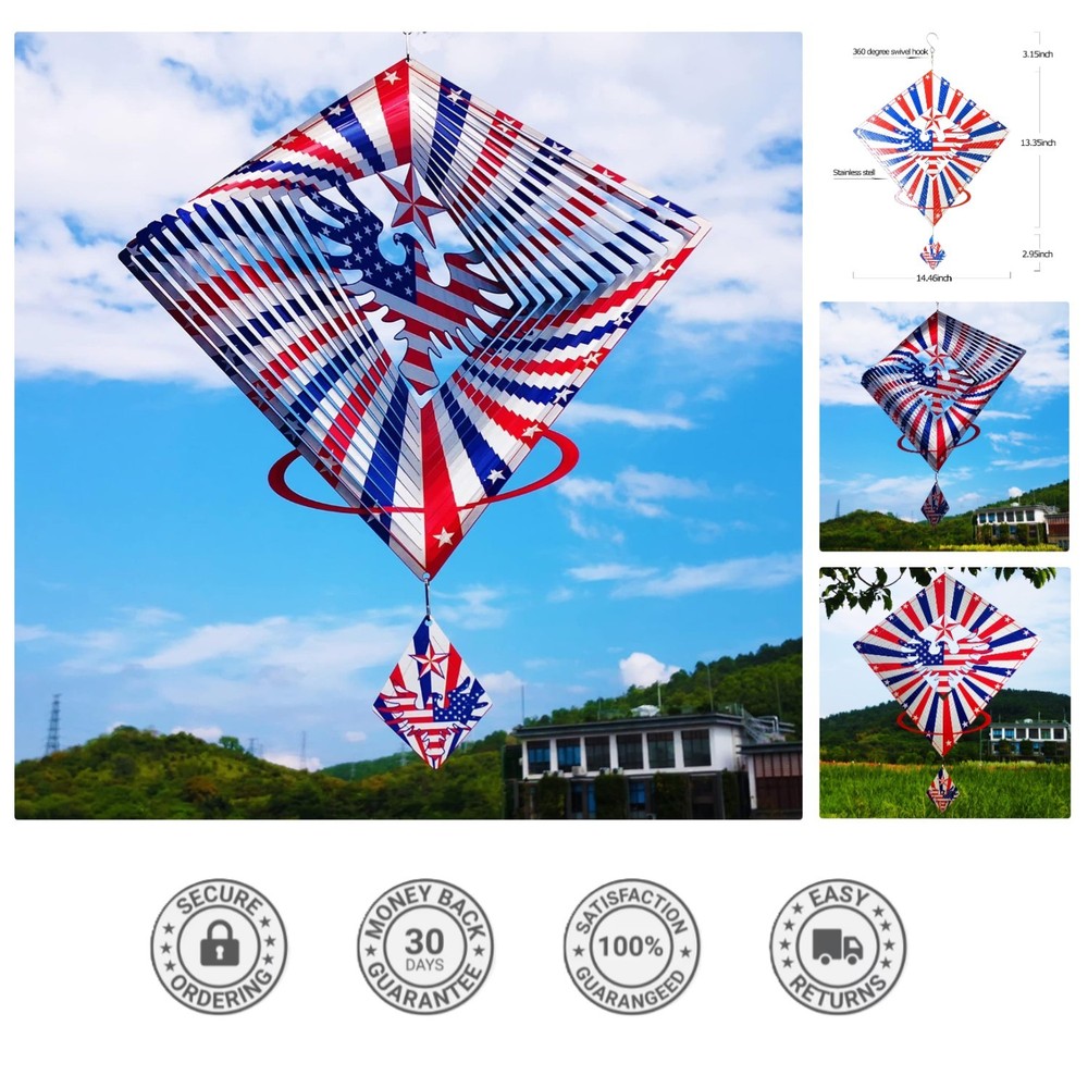 Stainless Steel 13.5in Eagle Flag Wind Spinner – Eidetic 3D Effect & Patrioti…