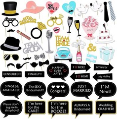 52 Counts Wedding Bridal Shower Photo Booth Prop Kit with Wooden Dowels Fun