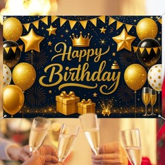 Birthday Decoration Banner 71×43 Inch Black and Gold Happy Birthday Backdrop …