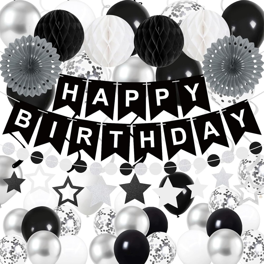 Black Silver White Birthday Decorations Kit Balloons Banner Party Supplies