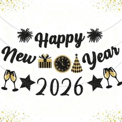 Black Gold New Years Decorations 2026 Glitter Happy New Year Banner New Years