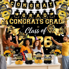 50Pcs Class of 2026 Graduation Decorations Set, Black Gold Graduation Party Kit