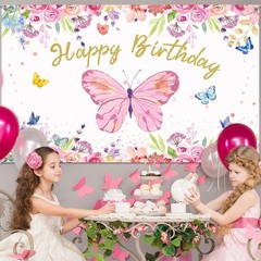 Butterfly Happy Birthday Backdrop 6x4ft Pink Butterfly Birthday Party Decoration