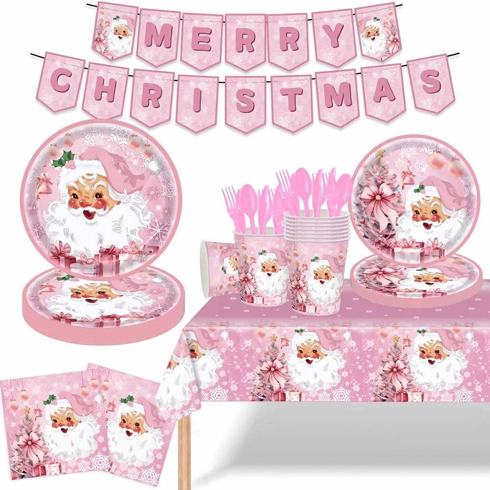 Pink Santa Christmas Party Tableware Set Includes Tablecover Banner and Utensil