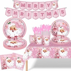 Pink Santa Christmas Party Tableware Set Includes Tablecover Banner and Utensil