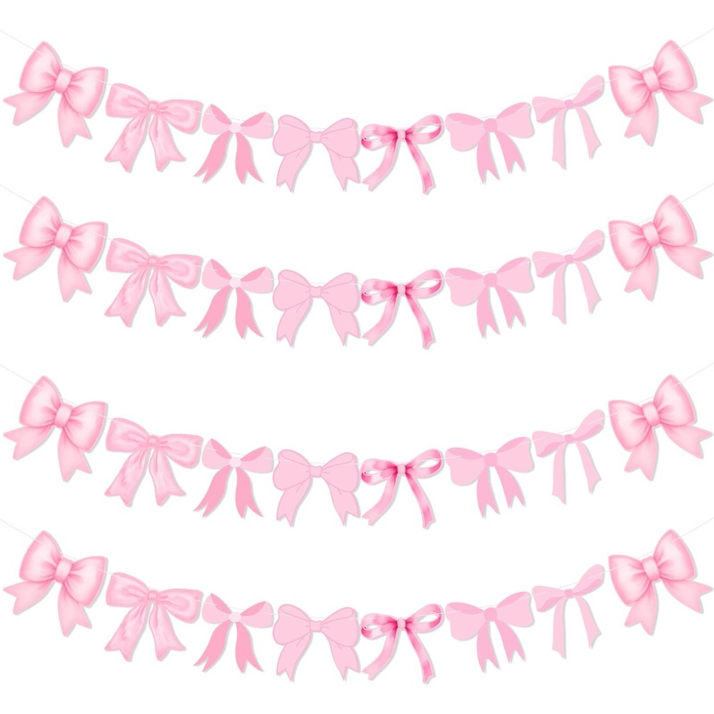 4Pcs Pink Bow Garland Banner, Pre Strung Pink Bow Banner Bow Party Decortions…