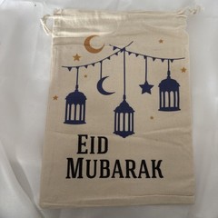 EiD Mubarak Canvas Bag 11” X 7.5” Lanterns Moon Stars With Draw String