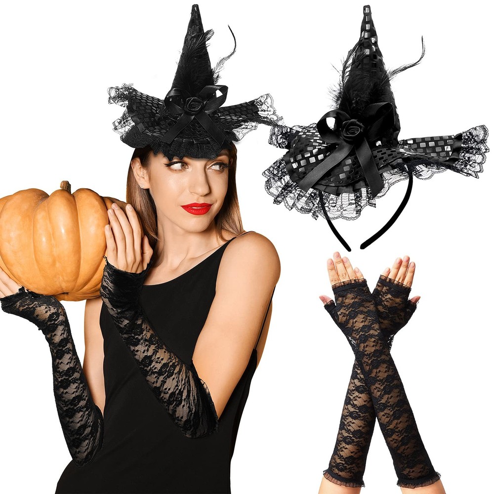 WILLBOND 4 Pcs Halloween Black Witch Hats and Lace Gloves Set, Halloween Cost…