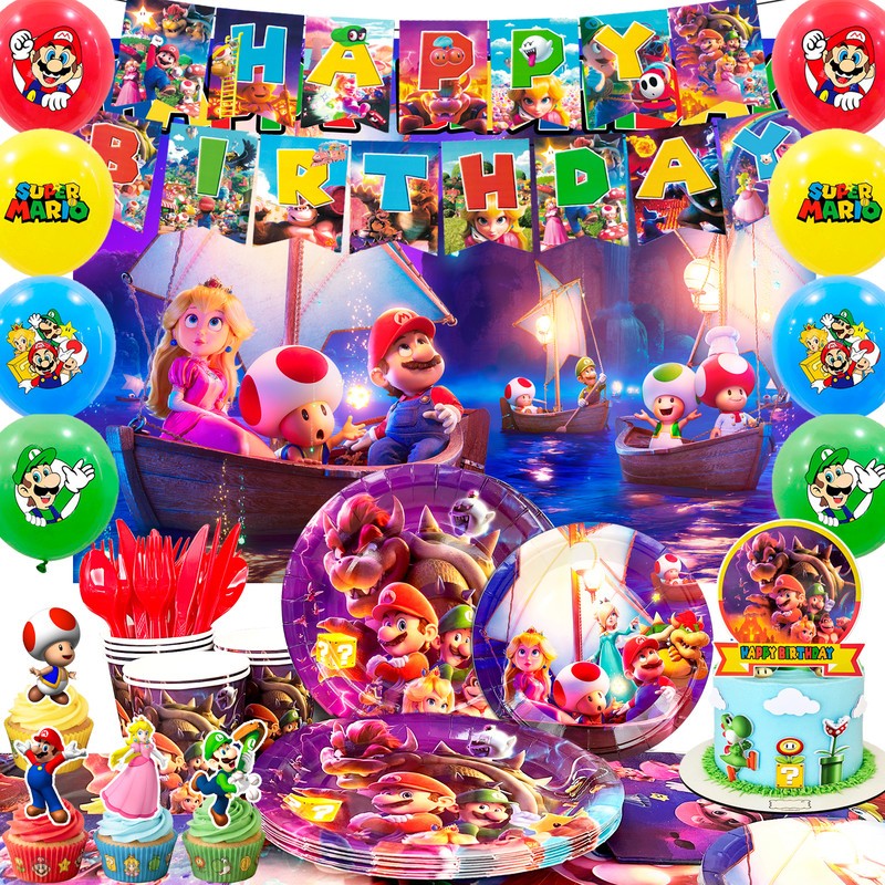 Super Mario Birthday Party Decorations Tableware Backdrop Balloon Cake Toppers