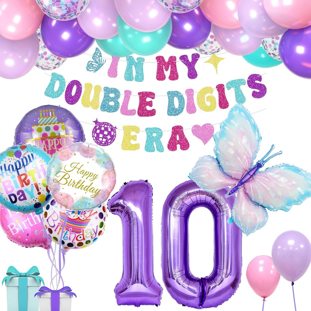Pink and Purple 10th Decorations for Girl, 10 Year Old Girl Decorations Set w…