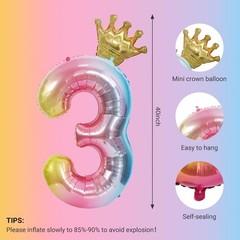 40 Inch Rainbow Number 3 Balloon with Crown- Giant Gradient Foil Balloon for …