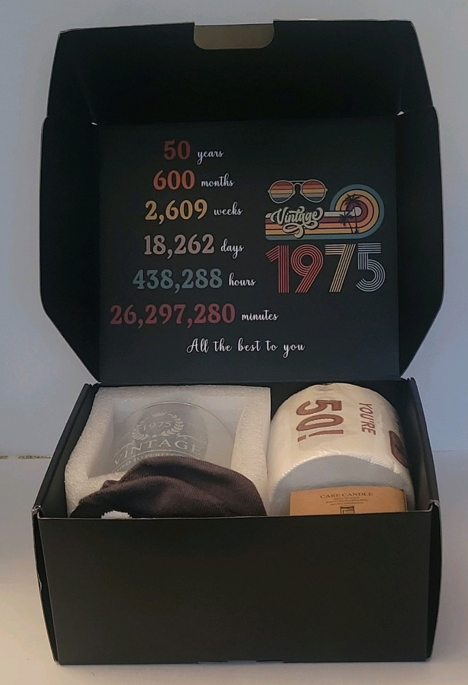 50th Birthday Gift Set 1975 Glass, Candle, Socks & Toilet Paper