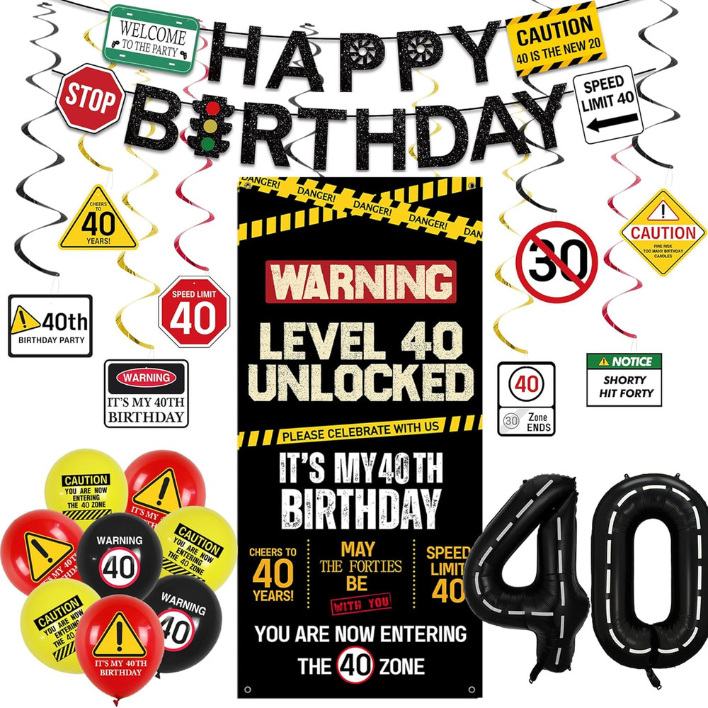 40Th Birthday Decorations Men Women, Caution Logo Level 40 Unlocked Banner Backd