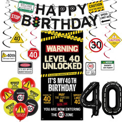 40Th Birthday Decorations Men Women, Caution Logo Level 40 Unlocked Banner Backd