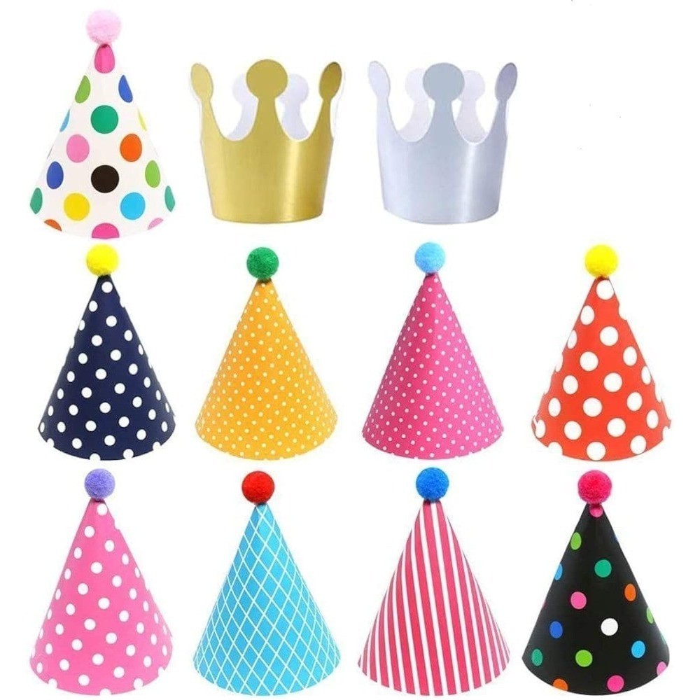 Birthday Party Cone Hats with Pom Poms Colorful Paper Crowns for Adults