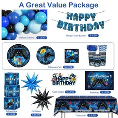 Blue Gamer Party Decorations Set for 20 Boys Video Game Theme Party Supplies