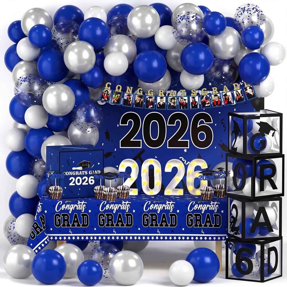 Lunmon 114 Pcs Blue and Black Graduation Decorations Class of 2026 Include Gr…