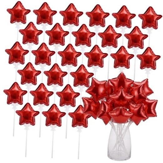 30 Pcs Mini Star Self Inflatable Balloons with Sticks Self 4 Inches Red