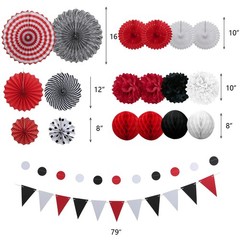 23Pcs Red Black Party Decorations with Hanging Fans Honeycomb Balls