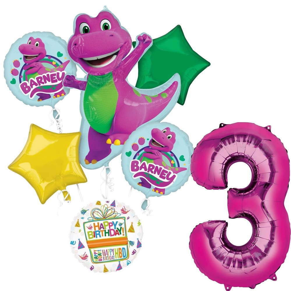 Barney’s 3rd Birthday Party Supplies 7pc Girl Theme Balloon Bouquet Decorations