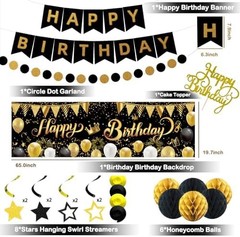 Gold Black Birthday Decorations, Happy Birthday Banner, Backdrop, Balloons, H…