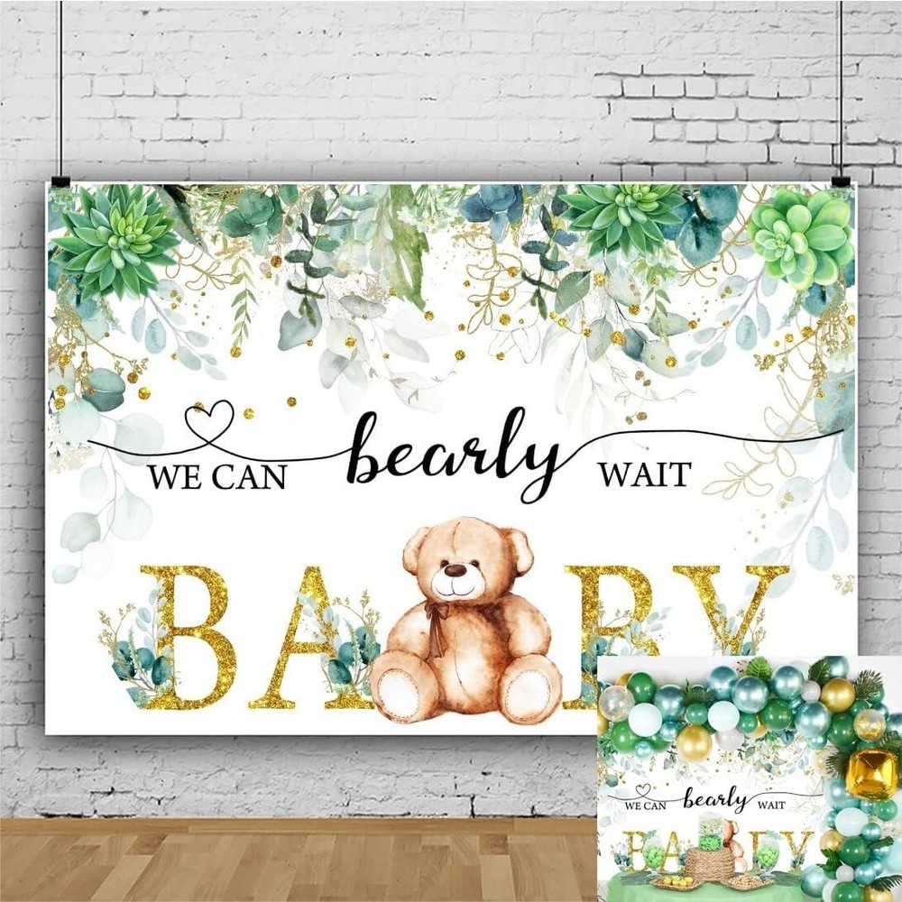 Bear Gender Reveal Backdrop «We can Bearly Wait» Baby Shower Decoration 8×6 ft