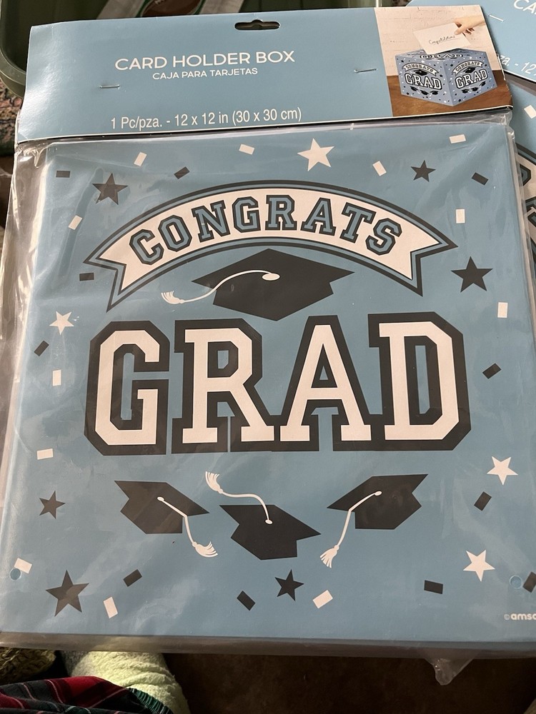 Graduation Card Holder Box 1pc -12×12 In Party Supply, New Blue & White