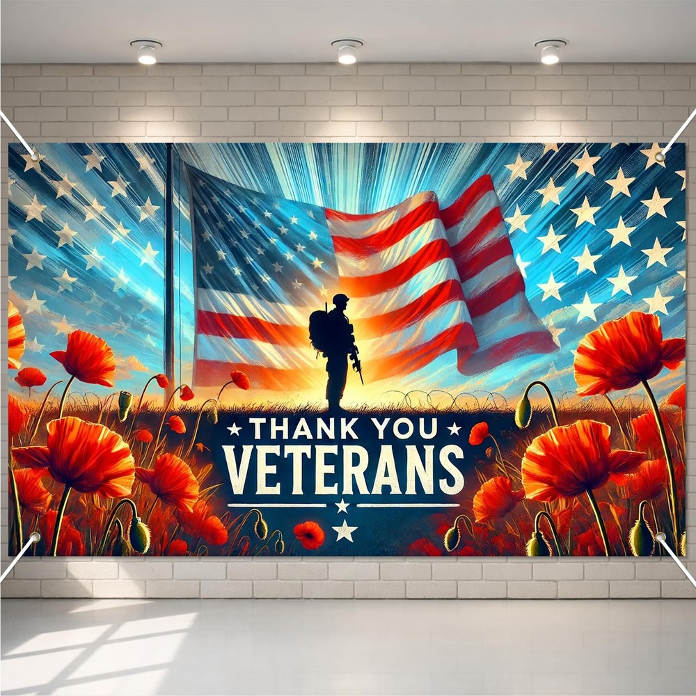 4th of July Decorations 71 x 43 Inch Thank You Veterans Banner Patriotic Backdro