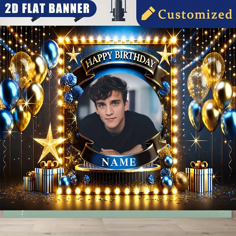 1pc Golden Custom Birthday Banner Personalized Name Photo Vinyl Party Backdrop♪