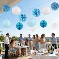 12 PCS Dusty Blue White Hanging Paper Flower Lantern Tissue Pom Pom Party