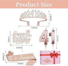 Elegant 41st Birthday Decorations Set: Sash, Crown, Candles in Rose Gold