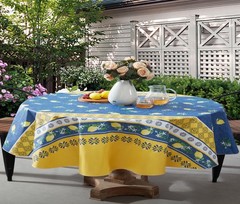 Lemon Grove Vinyl Tablecloth w/ Flannel Backing – Oval 60×84″ (Yellow/Blue)