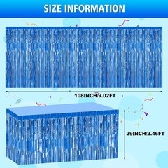2 Pack 29.5×108 Inch Blue Foil Tinsel Fringe Table Skirts, Disposable Table