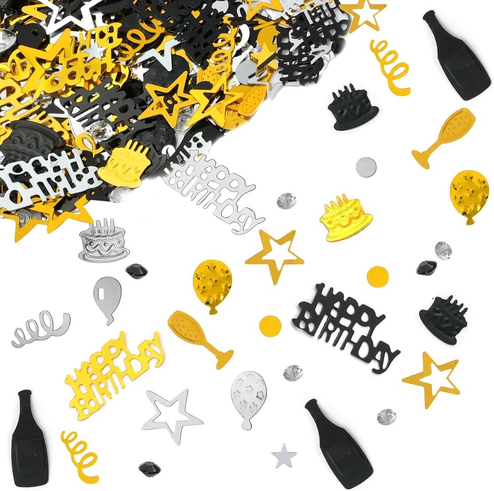 Black Gold Silver Happy Birthday Confetti, 3000 Pieces Birthday Cake Confetti,