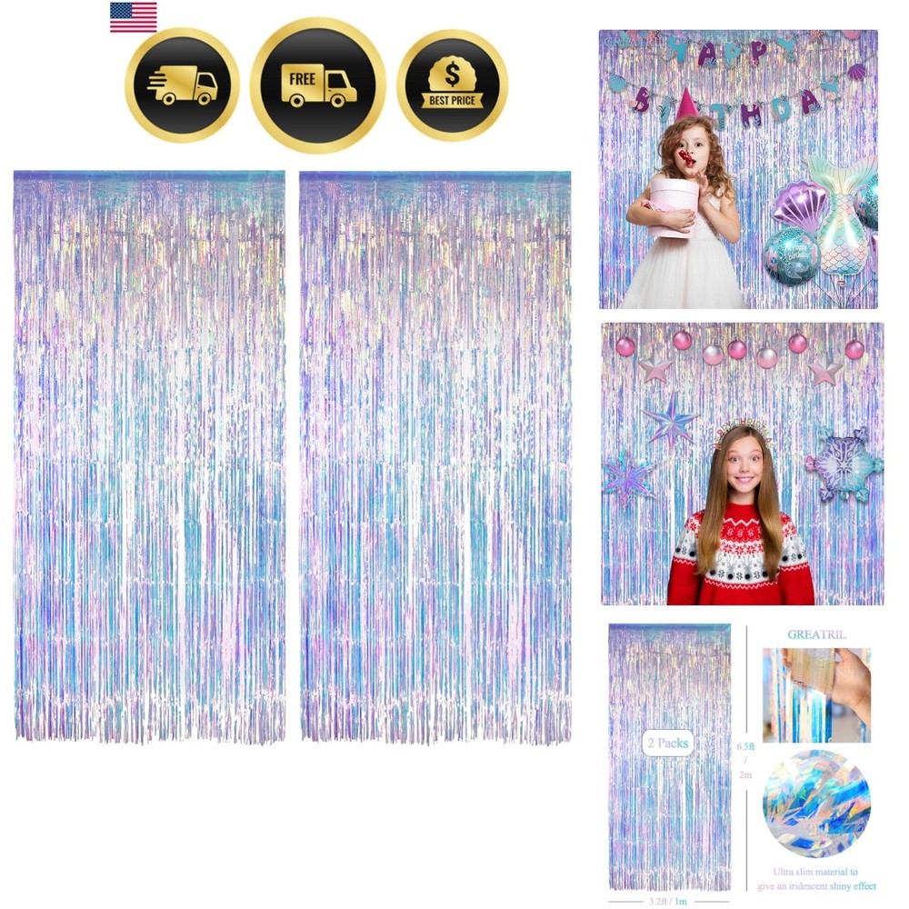 Iridescent Party Streamers Backdrop – Neon Transparent Holographic Tinsel Foi…