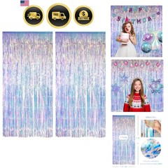 Iridescent Party Streamers Backdrop – Neon Transparent Holographic Tinsel Foi…