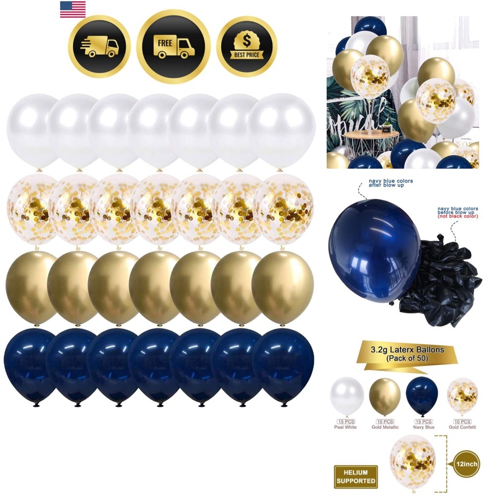 Navy Blue and Gold Confetti Balloons, 50 pcs 12 inch Pearl White and Gold Met…