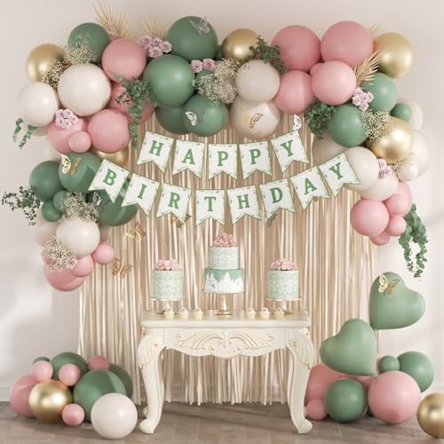 Pink and Sage Green Birthday Decorations with Light Pink Sage Green Sand White