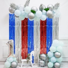 2 Pack Blue Red Silver Foil Fringe Backdrop Curtains, 49 Blue Red and Silver