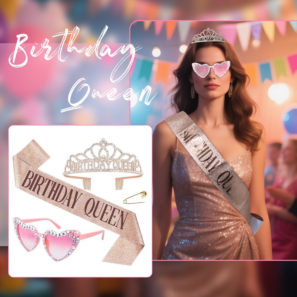 3Pcs Women’s Birthday Accessory Set Heart Glasses Glitter Shoulder Strap & Crown